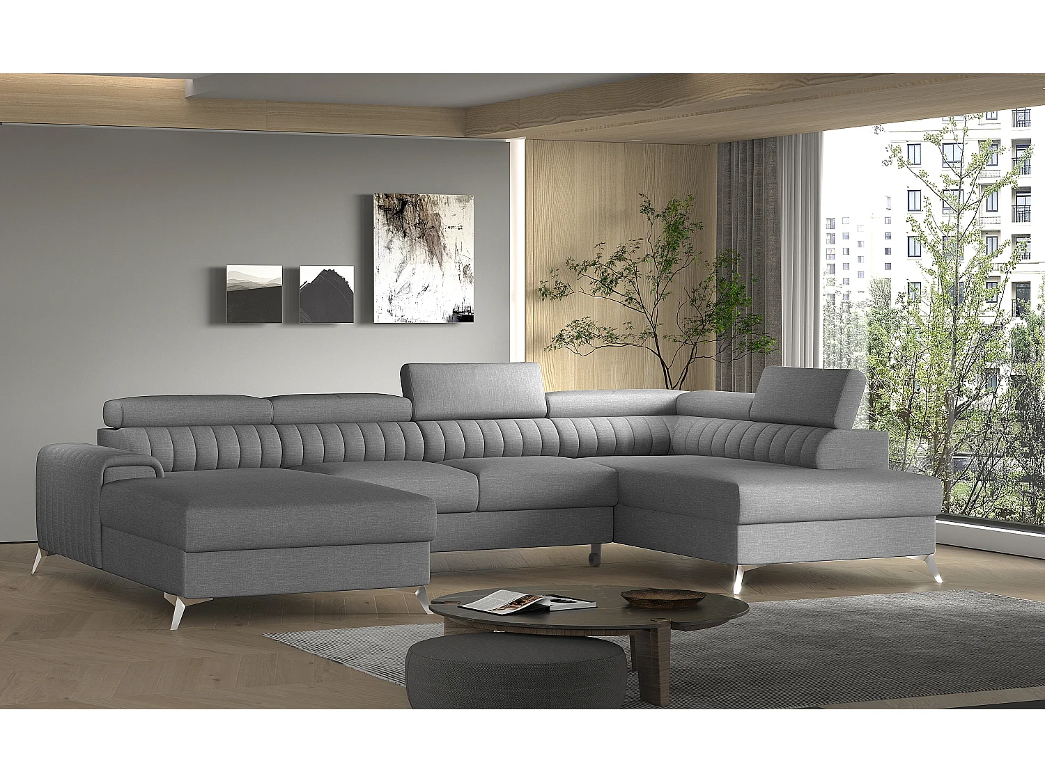 Canapé en U convertible KALANTE tissu - Coffre de rangement et appuie-têtes réglables-Gris clair-Coffre à droite