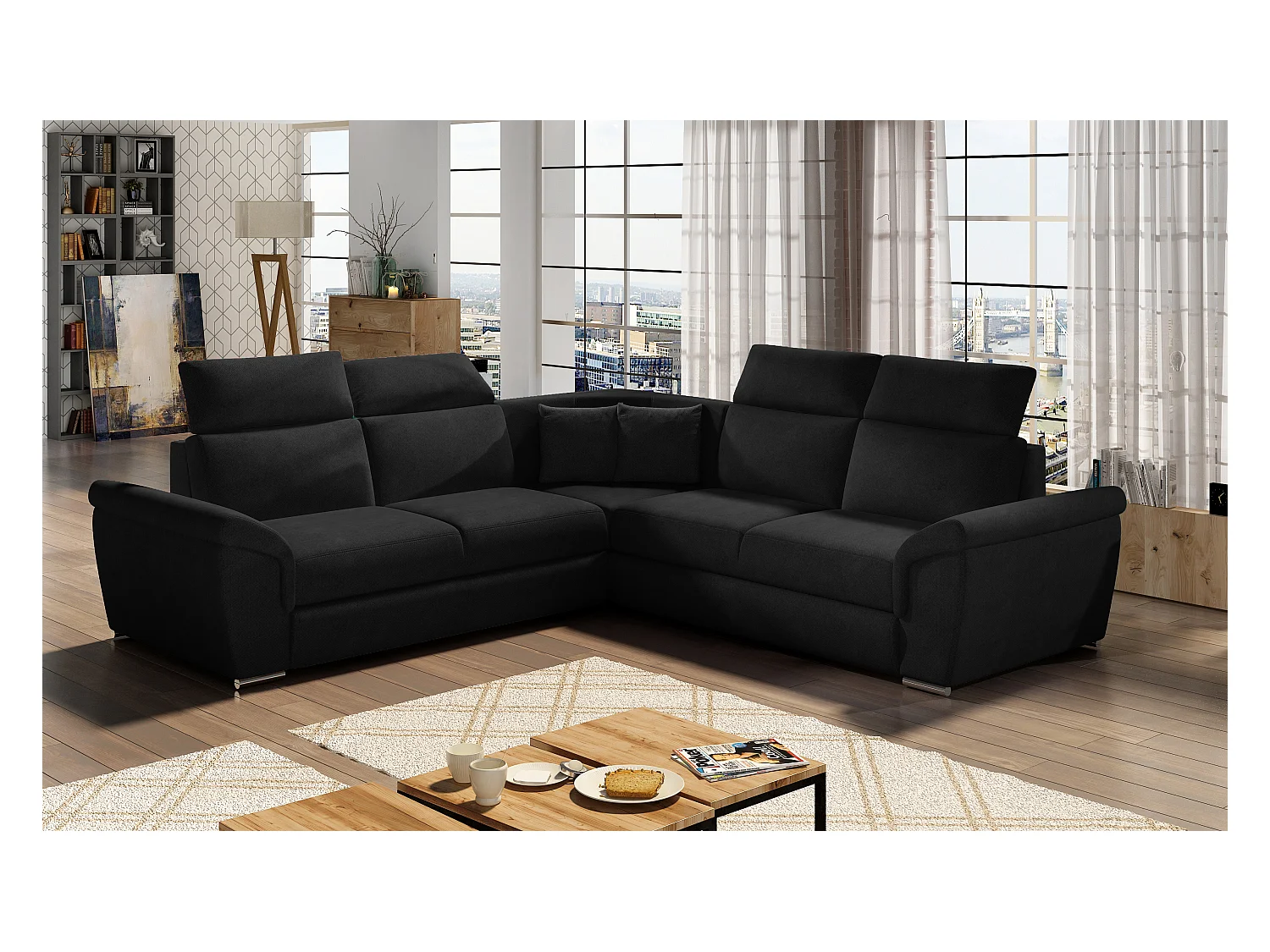 Canapé d'angle réversible et convertible velours Neo - Pieds acier chromé-Noir