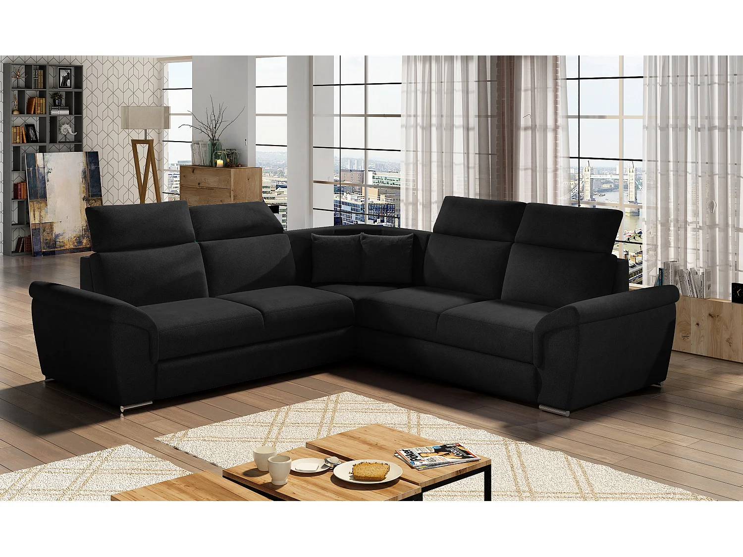 Canapé d'angle réversible et convertible velours Neo - Pieds acier chromé-Noir