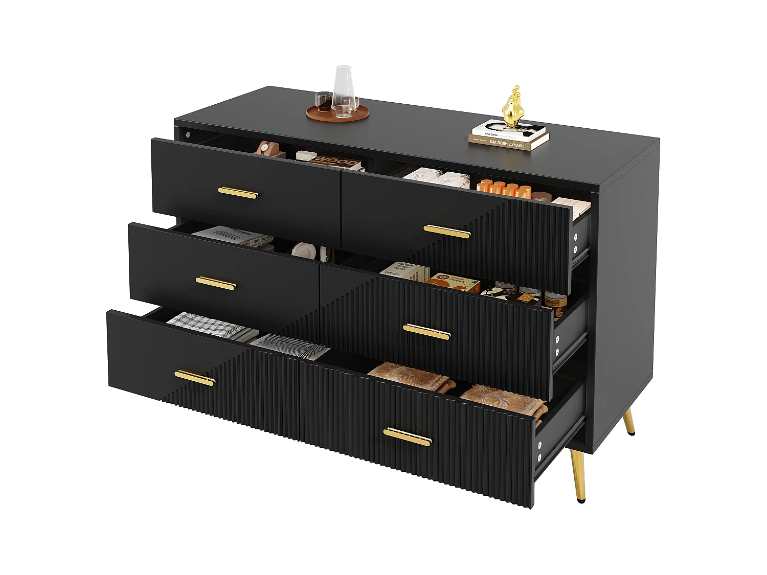 Buffet de cuisine avec 6 tiroirs, corps noir, poignées et pieds en métal doré - 120x40x75cm