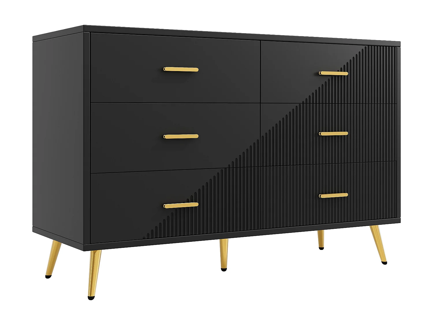 Buffet de cuisine avec 6 tiroirs, corps noir, poignées et pieds en métal doré - 120x40x75cm