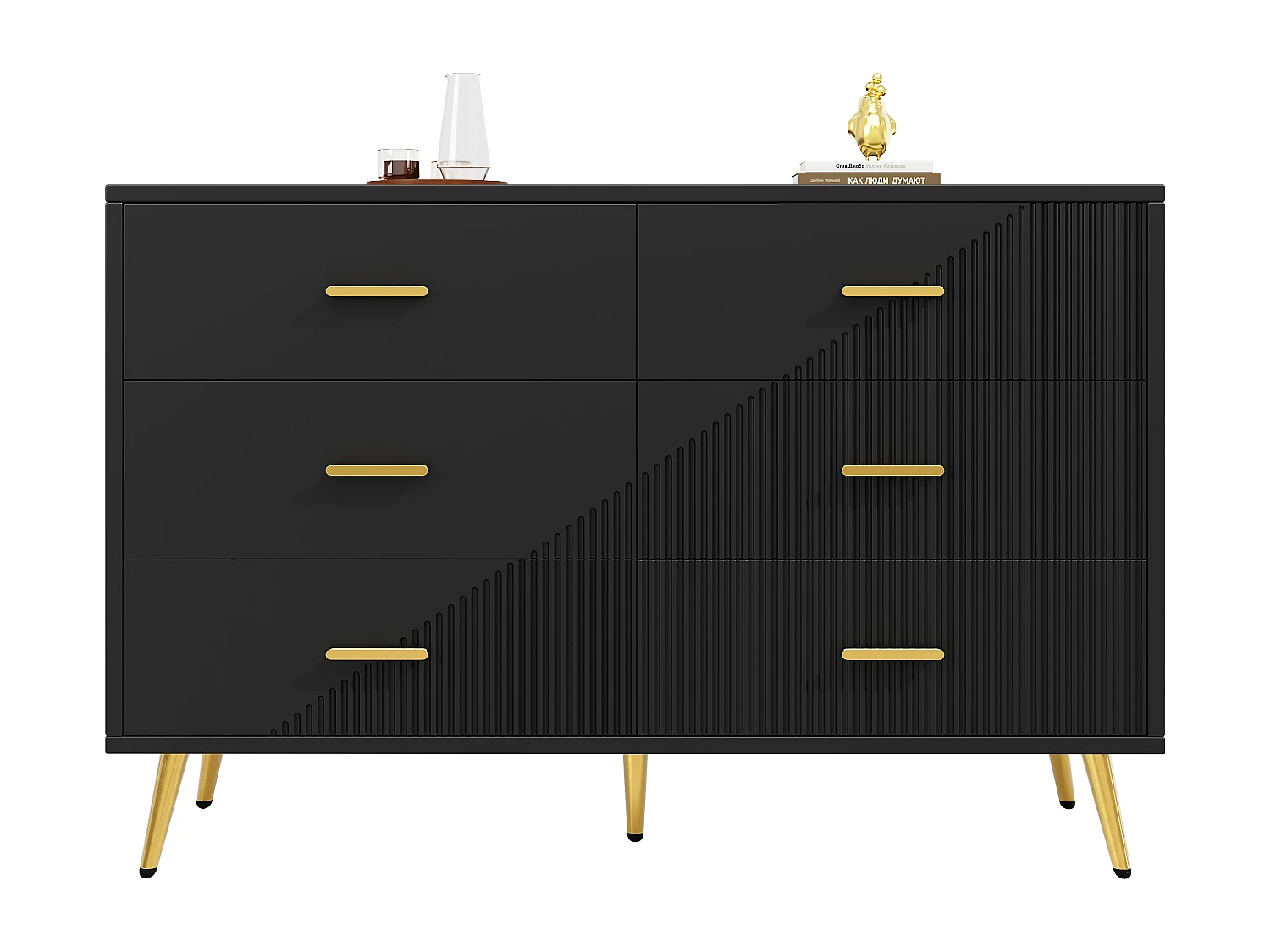 Buffet de cuisine avec 6 tiroirs, corps noir, poignées et pieds en métal doré - 120x40x75cm