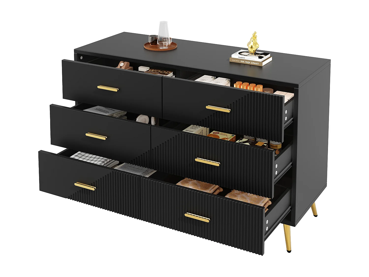 Buffet de cuisine avec 6 tiroirs, corps noir, poignées et pieds en métal doré - 120x40x75cm