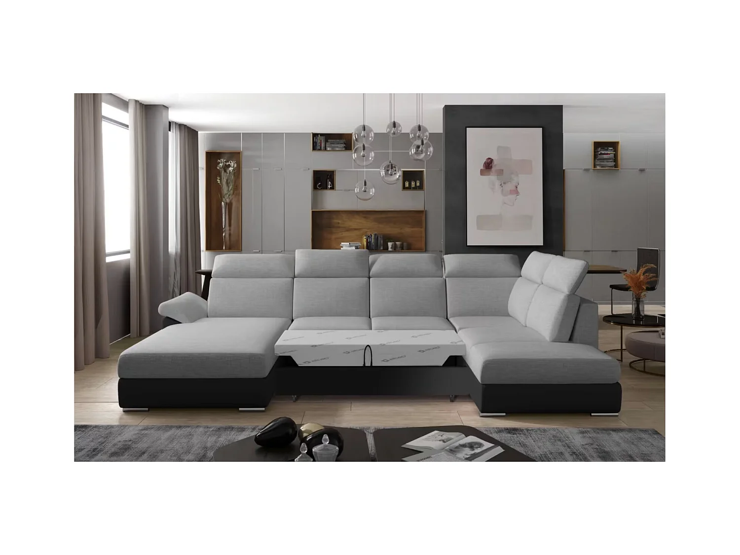 Canapé Convertible Panoramique LEVANO Tissu et Simili Cuir, Têtières-Blanc/Noir-Coffre à droite