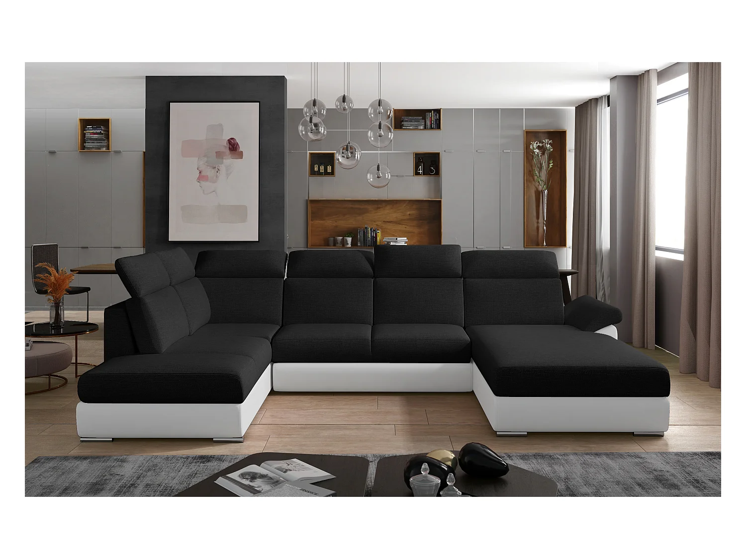 Canapé Convertible Panoramique LEVANO Tissu et Simili Cuir, Têtières-Blanc/Noir-Coffre à droite