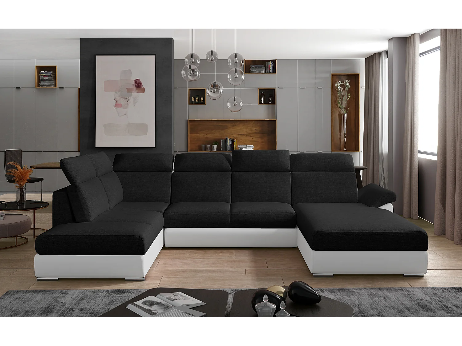 Canapé Convertible Panoramique LEVANO Tissu et Simili Cuir, Têtières-Blanc/Noir-Coffre à droite