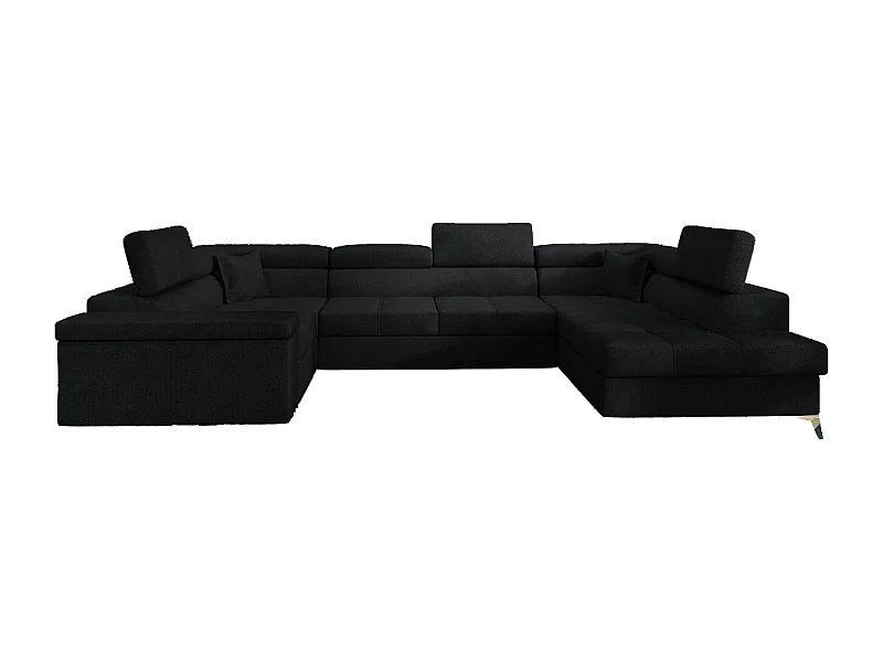 Canapé panoramique convertible TRIANO velours - têtières réglables-Noir-Coffre à droite