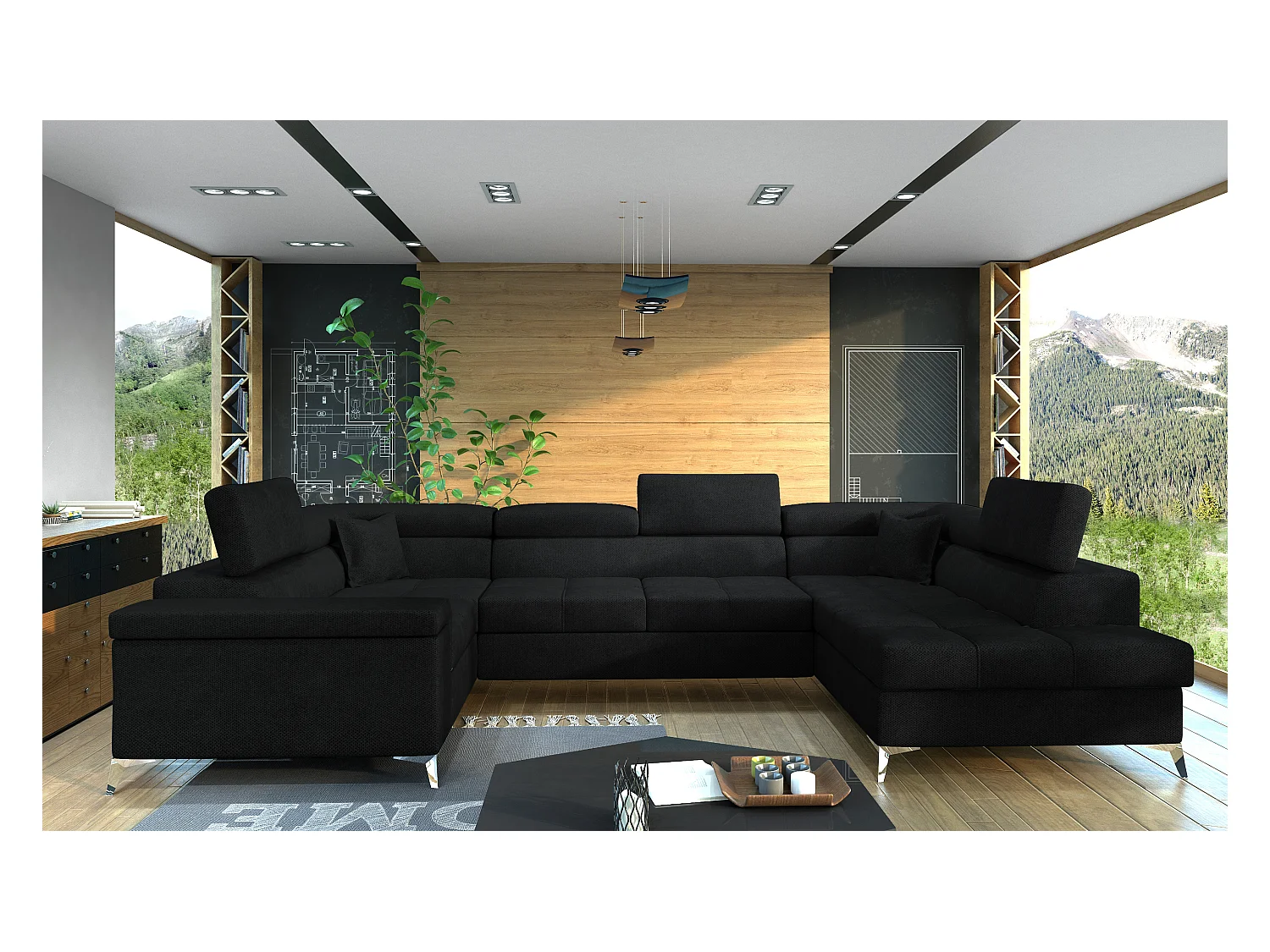 Canapé panoramique convertible TRIANO velours - têtières réglables-Noir-Coffre à droite