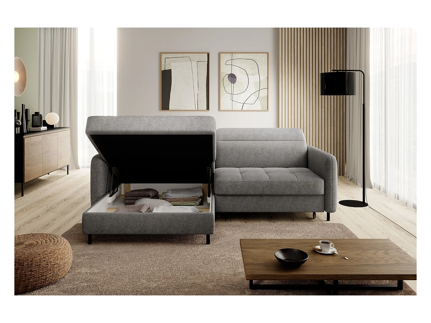 Petit canapé d’angle convertible tissu Kunder-Gris-angle gauche