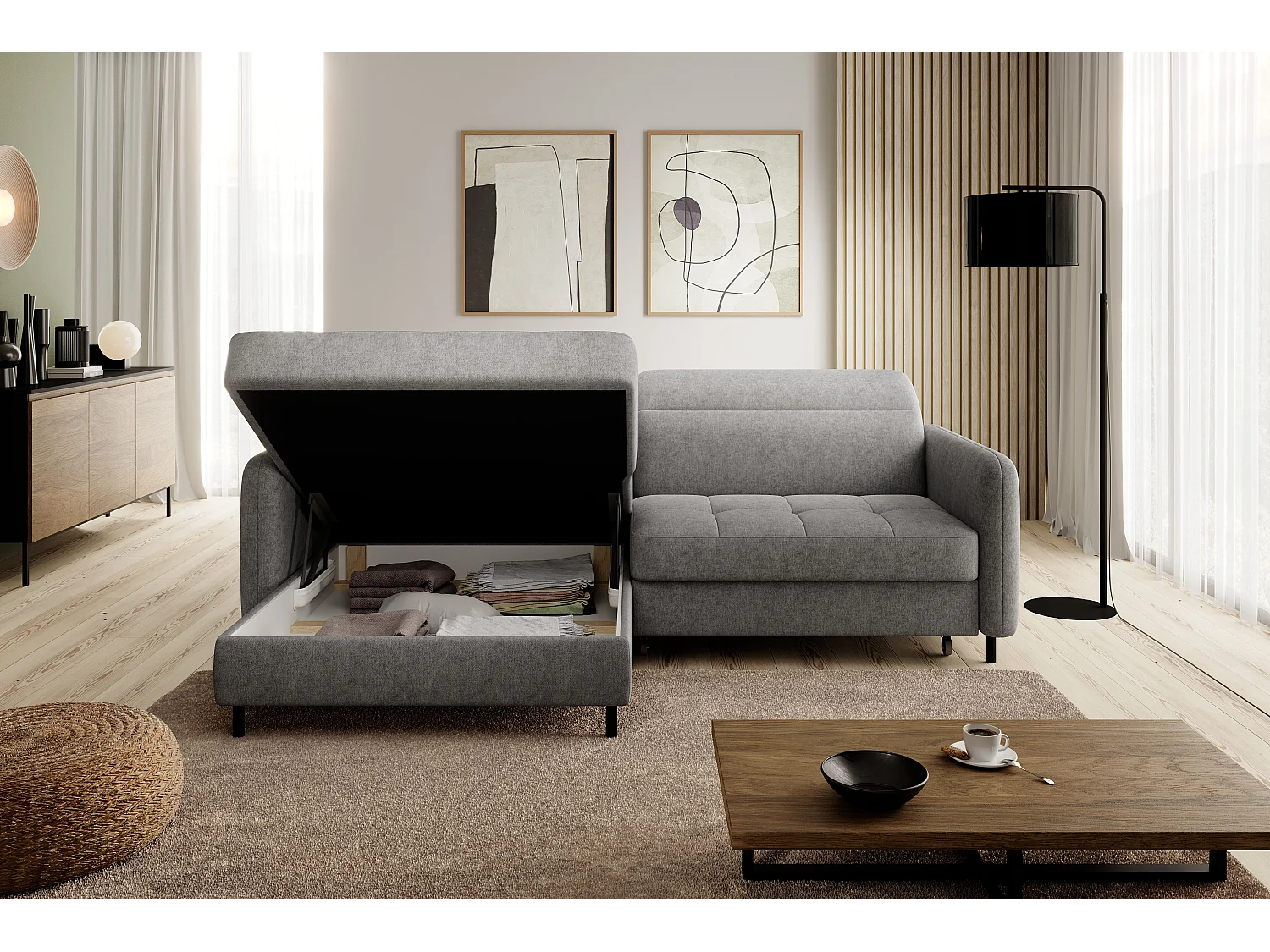 Petit canapé d’angle convertible tissu Kunder-Gris-angle gauche