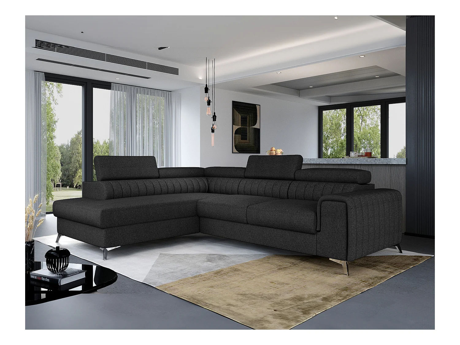 Canapé d'angle convertible tissu appuis-tête réglables LOZA - Coffre et pieds acier chromé-Gris anthracite-angle gauche