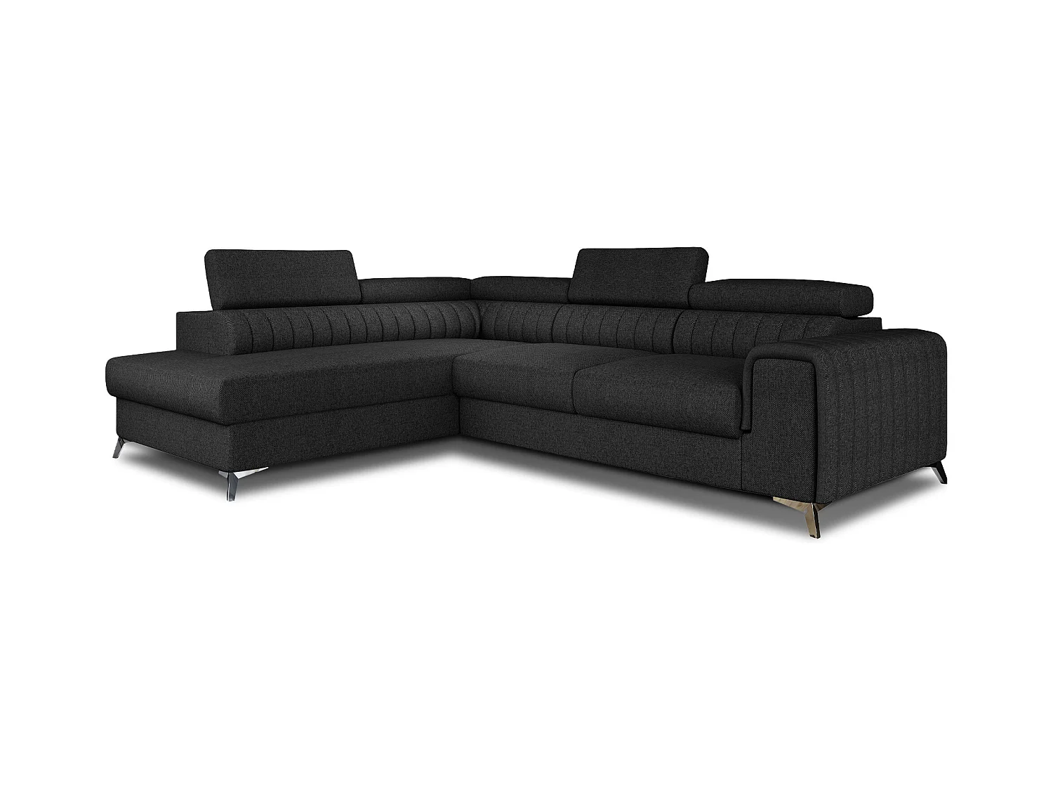 Canapé d'angle convertible tissu appuis-tête réglables LOZA - Coffre et pieds acier chromé-Gris anthracite-angle gauche