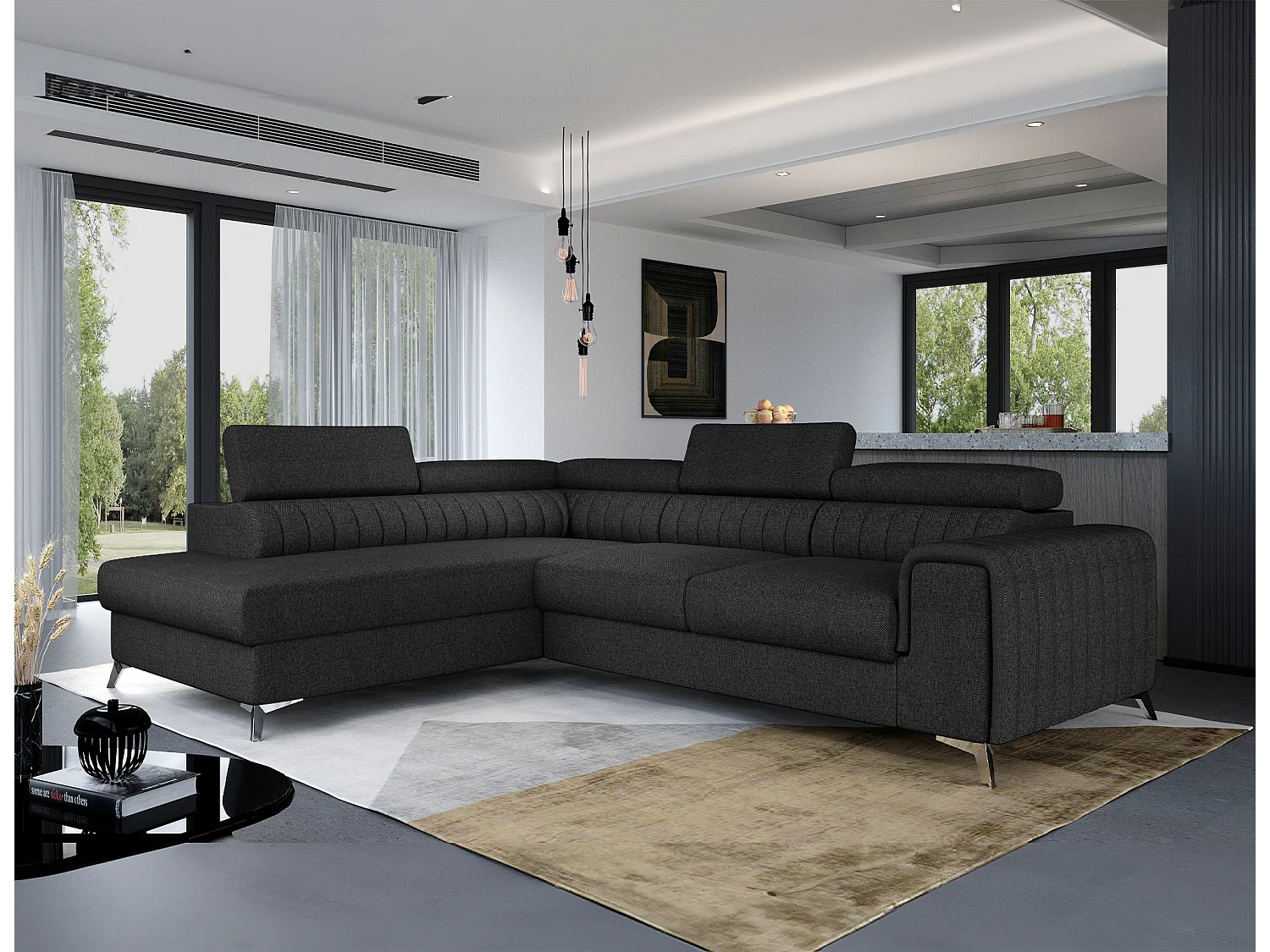 Canapé d'angle convertible tissu appuis-tête réglables LOZA - Coffre et pieds acier chromé-Gris anthracite-angle gauche