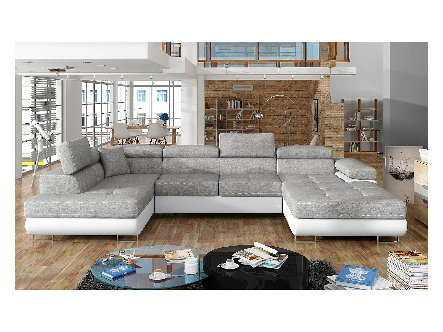 Canapé panoramique convertible ROMANO - Rangement et appuie-têtes réglables-Blanc/Gris clair-Coffre à gauche