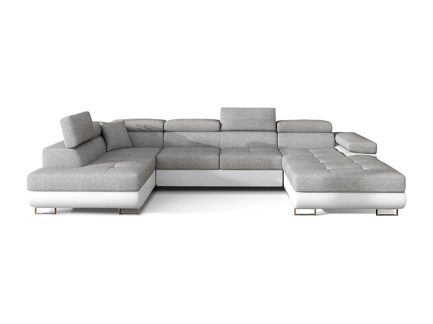 Canapé panoramique convertible ROMANO - Rangement et appuie-têtes réglables-Blanc/Gris clair-Coffre à gauche