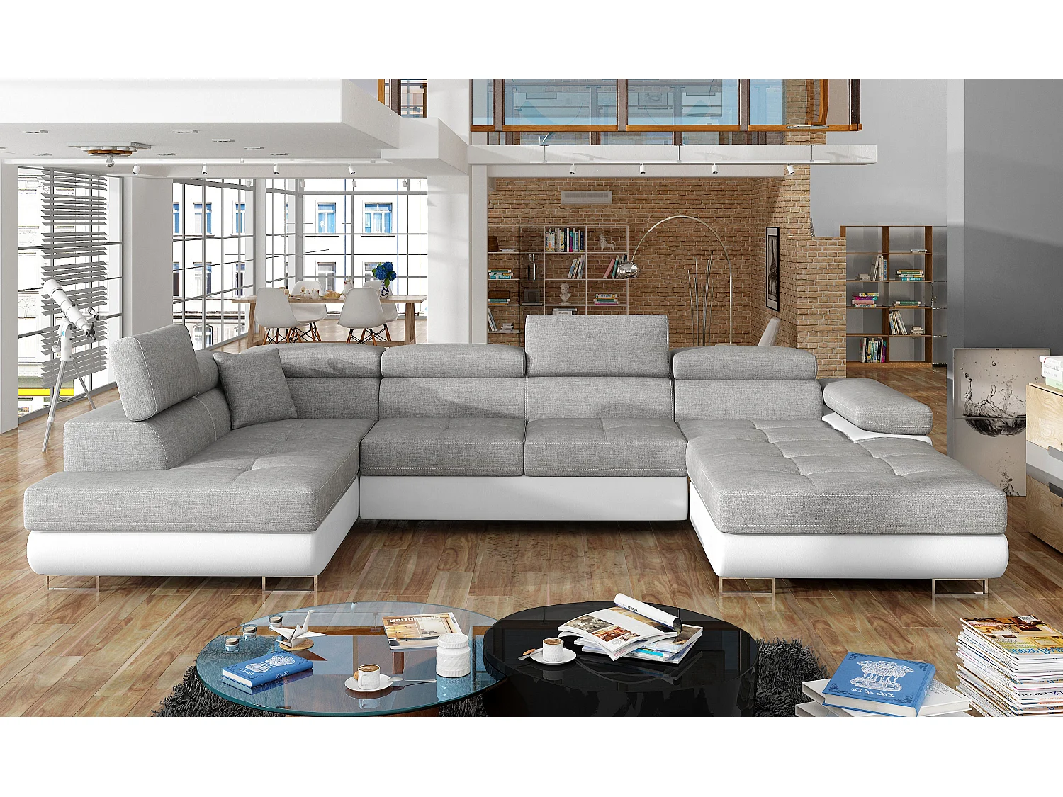 Canapé panoramique convertible ROMANO - Rangement et appuie-têtes réglables-Blanc/Gris clair-Coffre à gauche