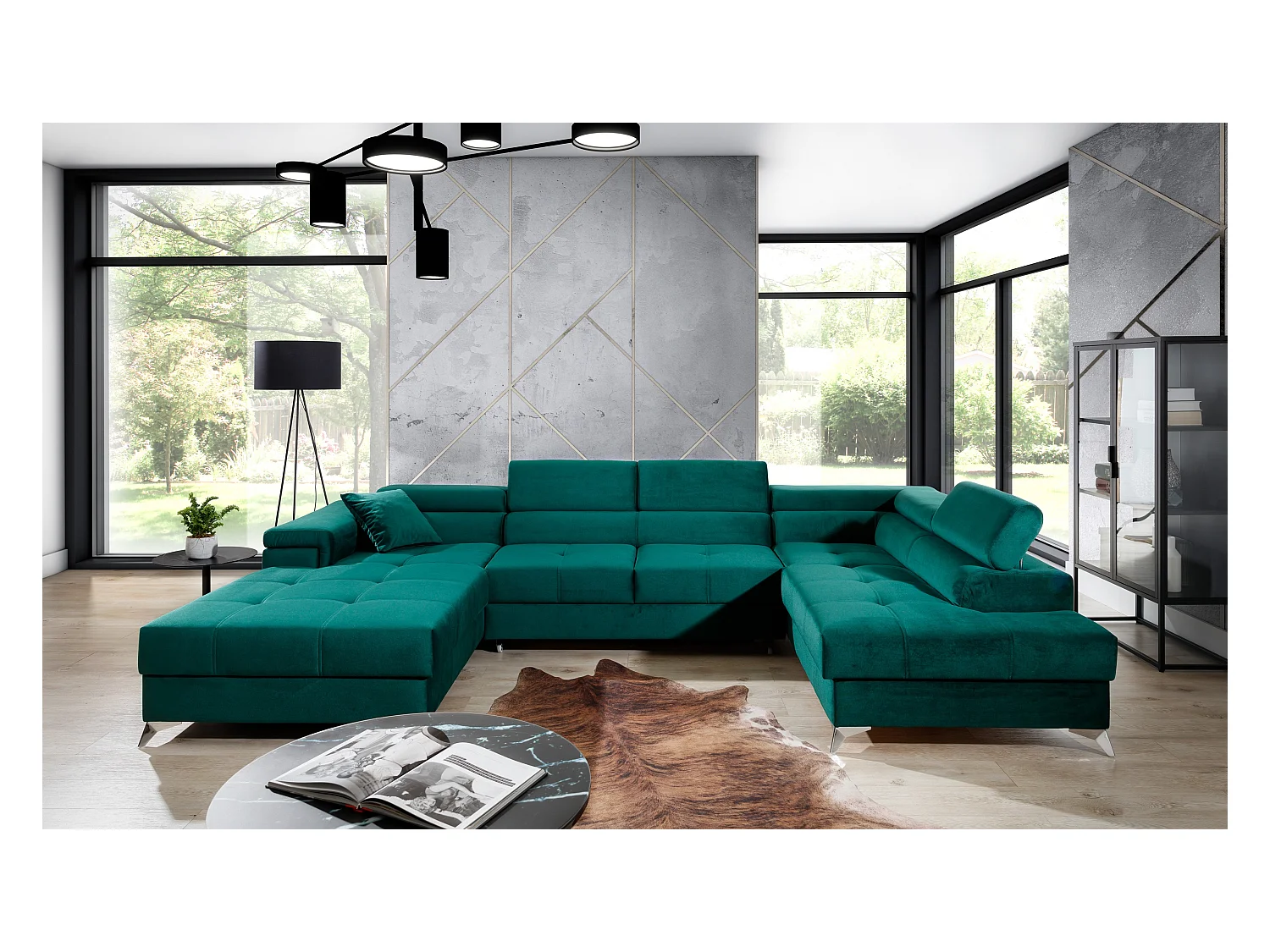 Canapé panoramique convertible KUTTY velours - Rangement et têtières réglables-Vert-Coffre à droite