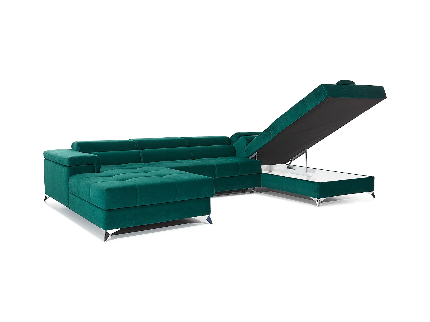Canapé panoramique convertible KUTTY velours - Rangement et têtières réglables-Vert-Coffre à droite
