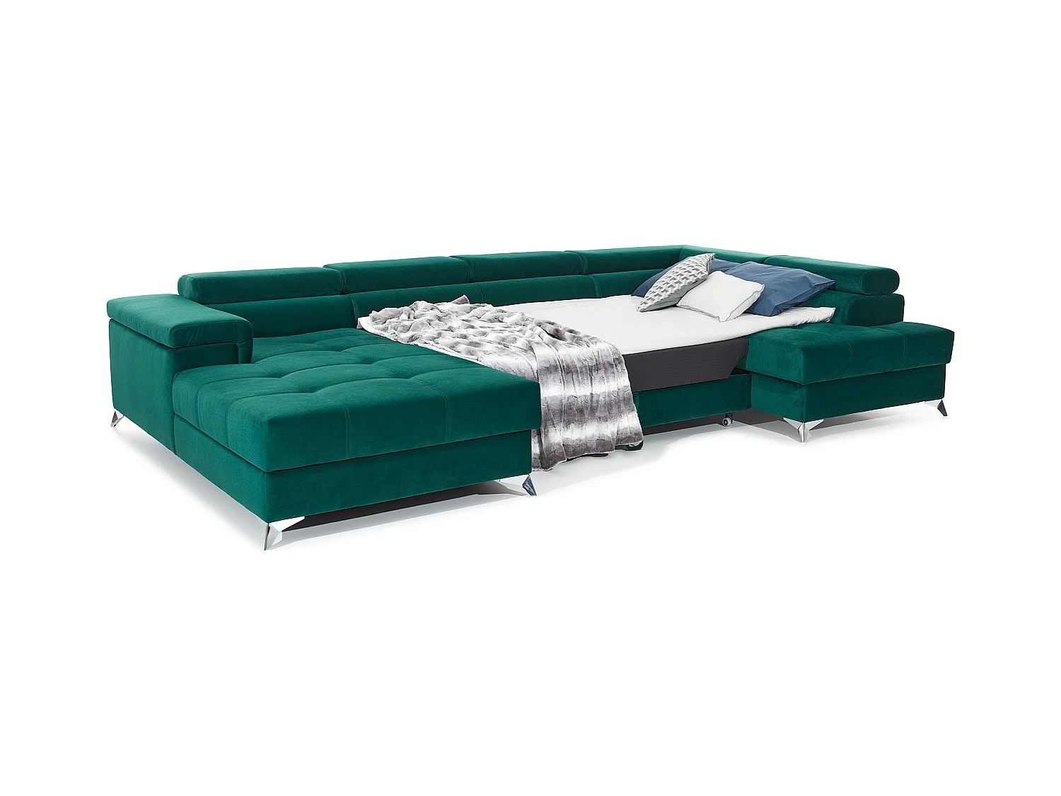 Canapé panoramique convertible KUTTY velours - Rangement et têtières réglables-Vert-Coffre à droite