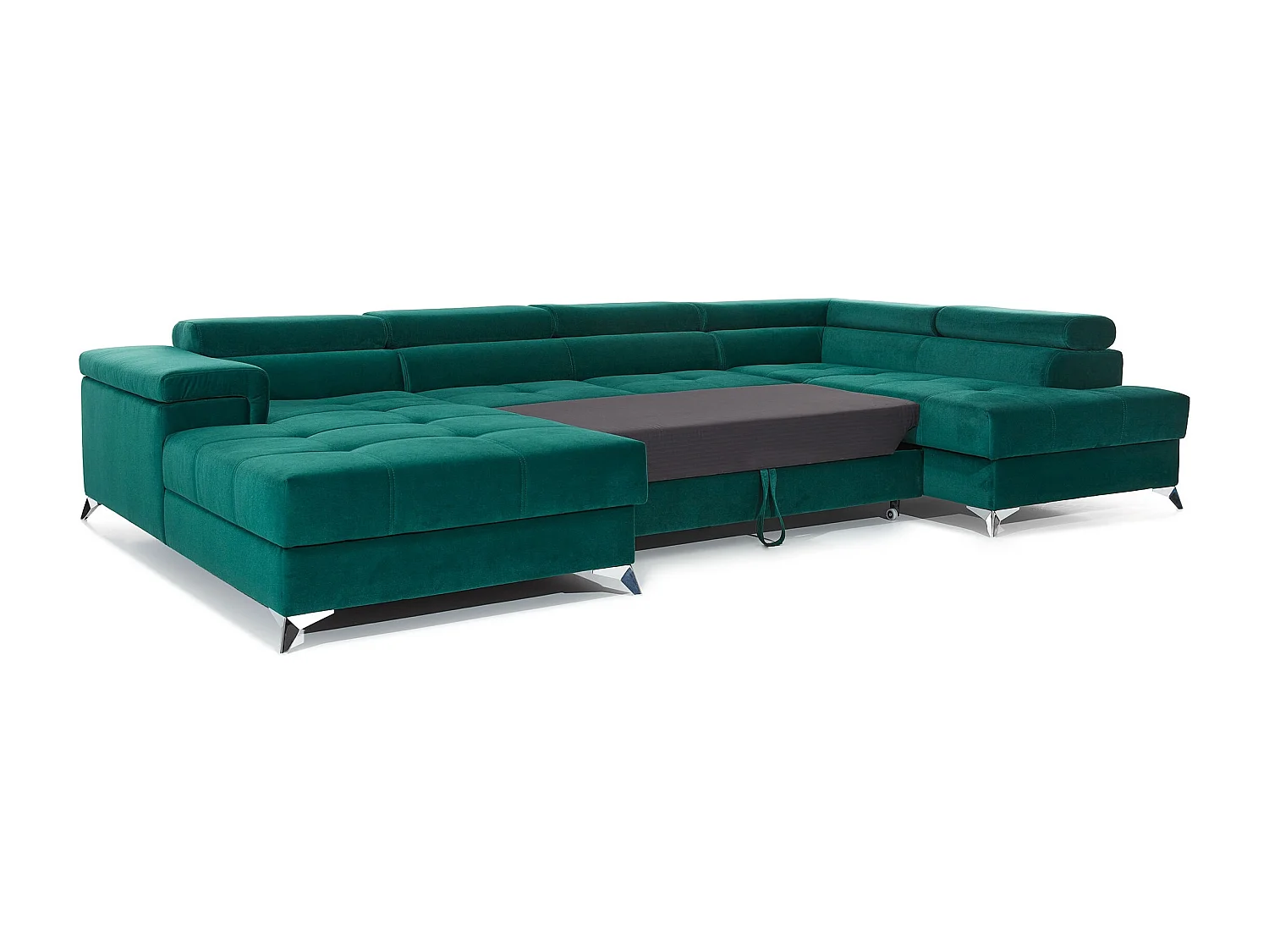 Canapé panoramique convertible KUTTY velours - Rangement et têtières réglables-Vert-Coffre à droite