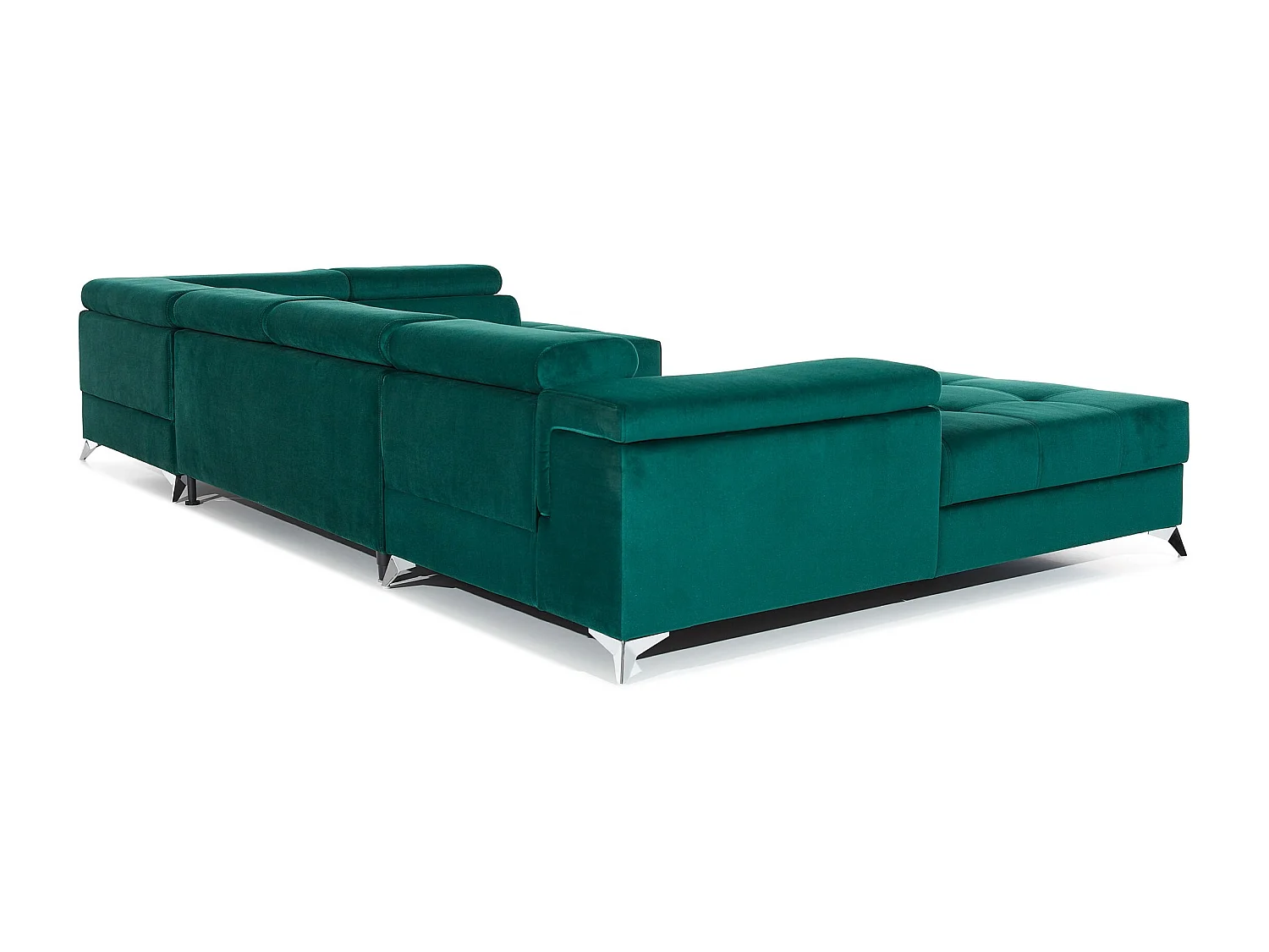 Canapé panoramique convertible KUTTY velours - Rangement et têtières réglables-Vert-Coffre à droite