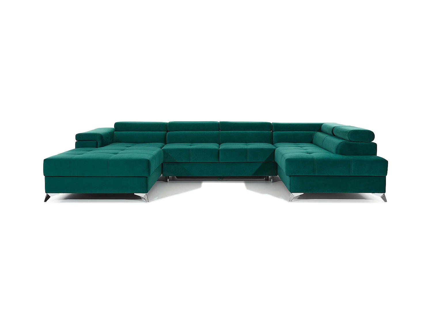Canapé panoramique convertible KUTTY velours - Rangement et têtières réglables-Vert-Coffre à droite