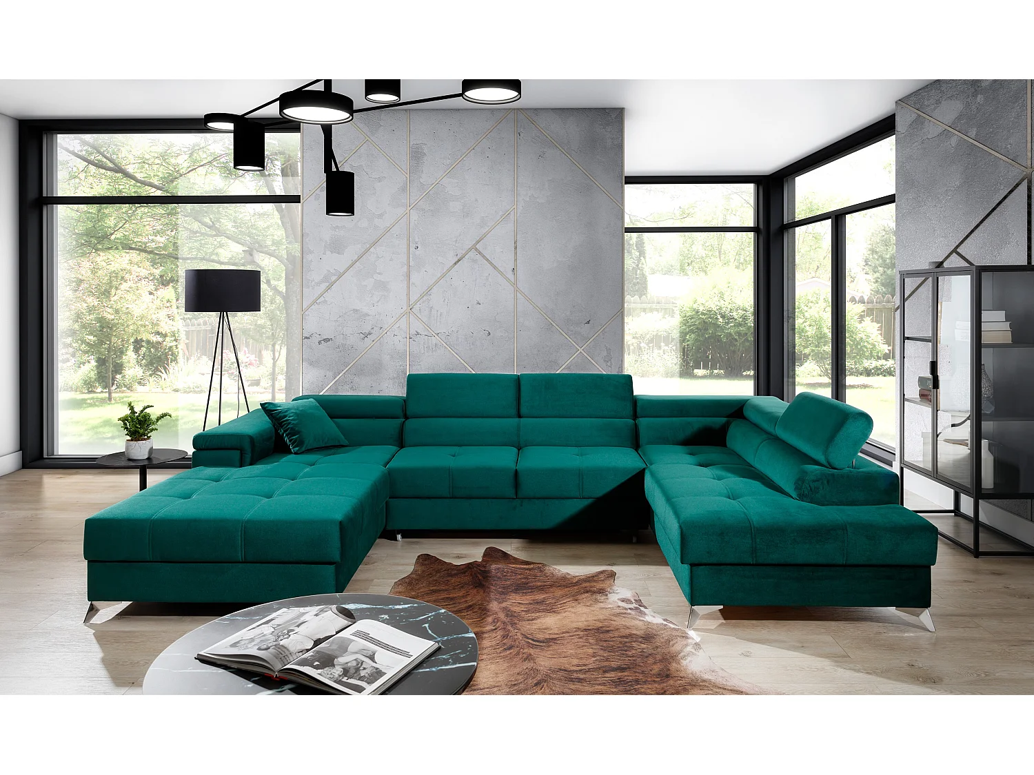 Canapé panoramique convertible KUTTY velours - Rangement et têtières réglables-Vert-Coffre à droite