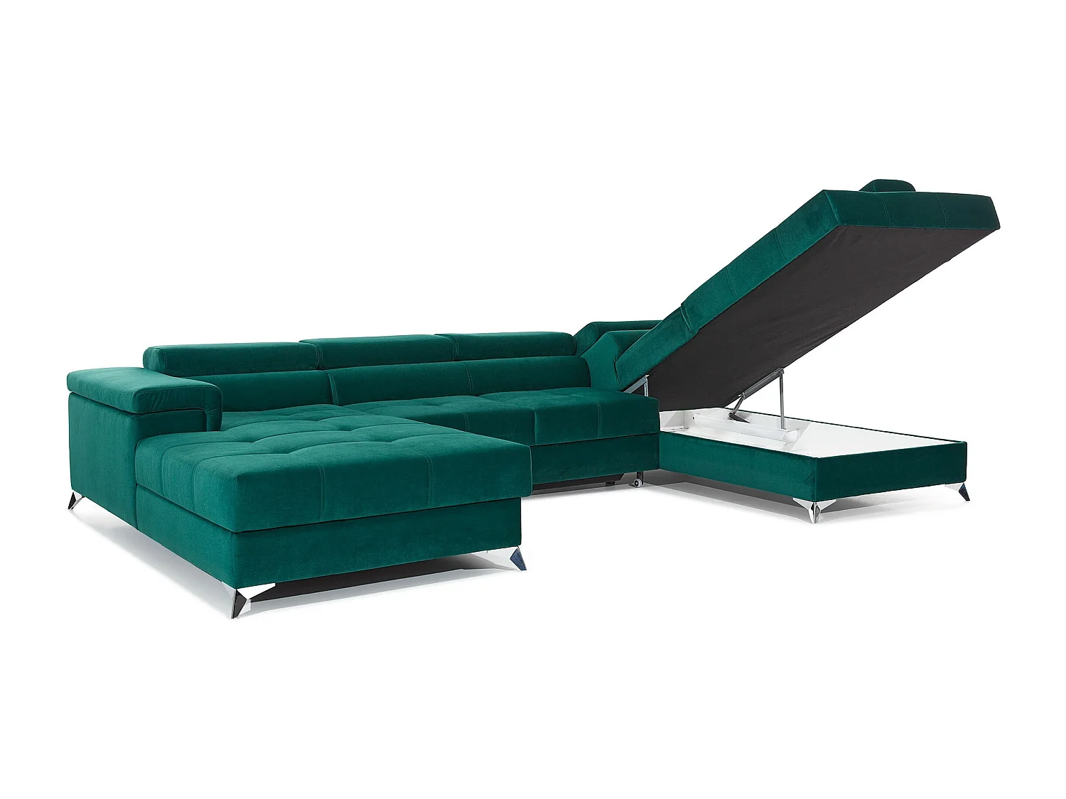 Canapé panoramique convertible KUTTY velours - Rangement et têtières réglables-Vert-Coffre à droite