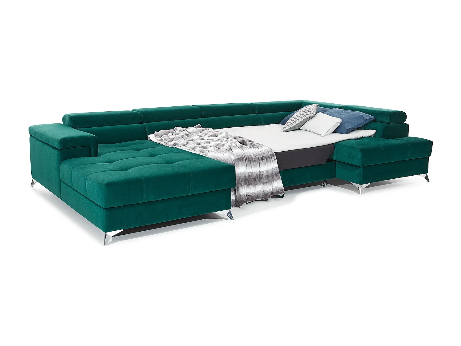 Canapé panoramique convertible KUTTY velours - Rangement et têtières réglables-Vert-Coffre à droite