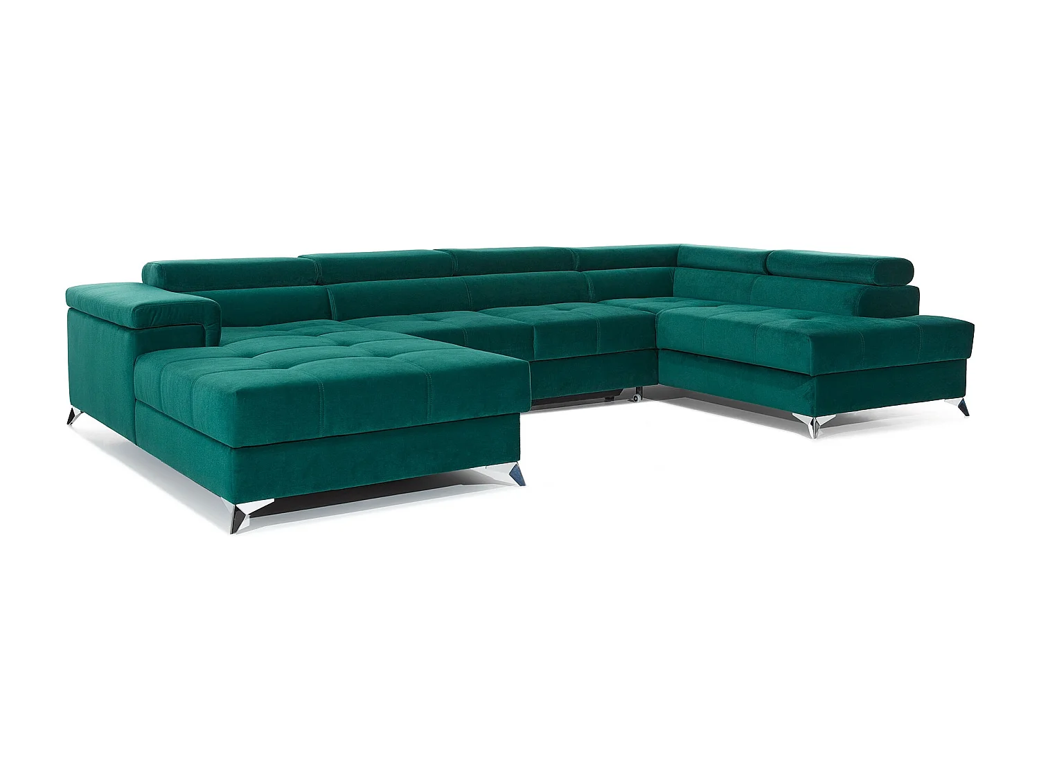 Canapé panoramique convertible KUTTY velours - Rangement et têtières réglables-Vert-Coffre à droite