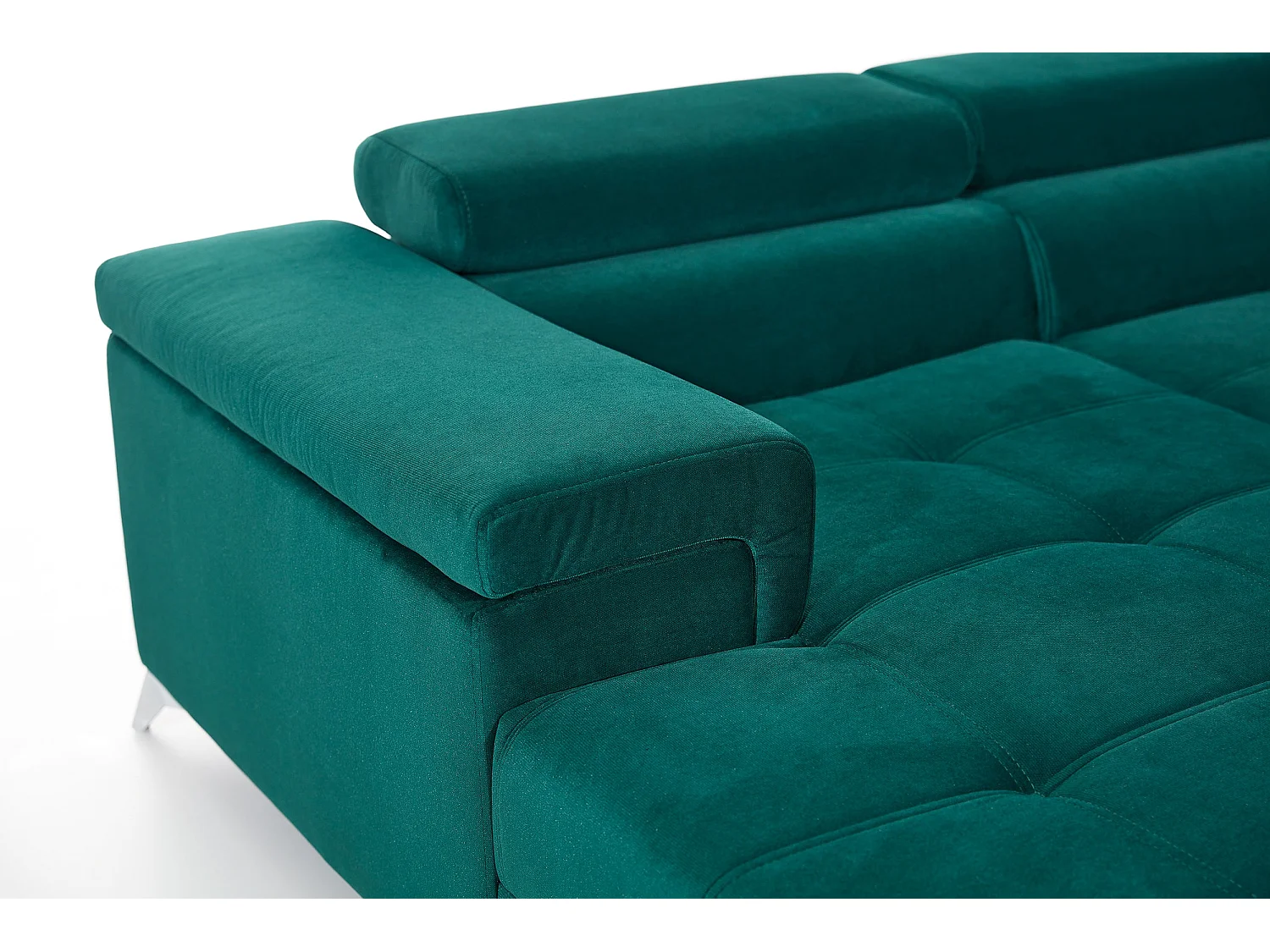 Canapé panoramique convertible KUTTY velours - Rangement et têtières réglables-Vert-Coffre à droite