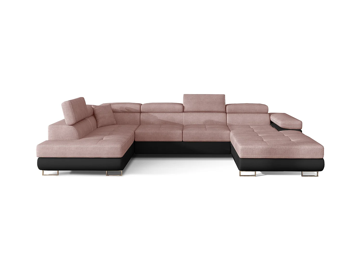 Canapé panoramique convertible ROMANO - Rangement et appuie-têtes réglables-Noir/Rose clair-Coffre à gauche