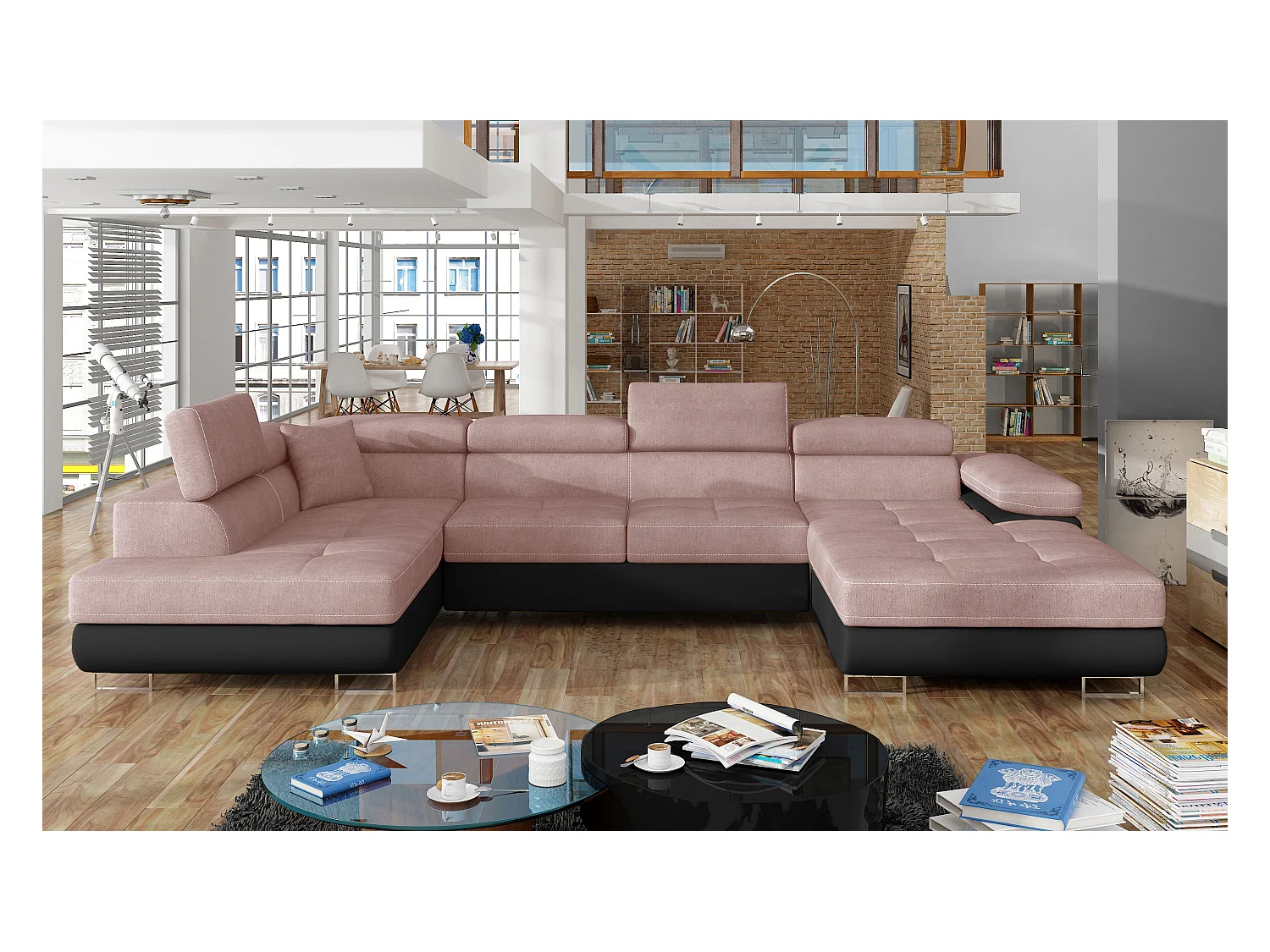 Canapé panoramique convertible ROMANO - Rangement et appuie-têtes réglables-Noir/Rose clair-Coffre à gauche