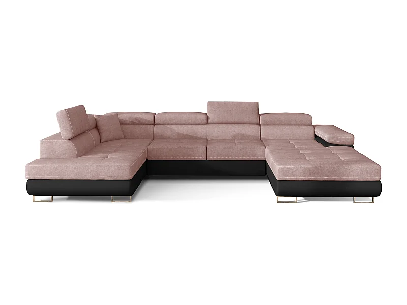 Canapé panoramique convertible ROMANO - Rangement et appuie-têtes réglables-Noir/Rose clair-Coffre à gauche