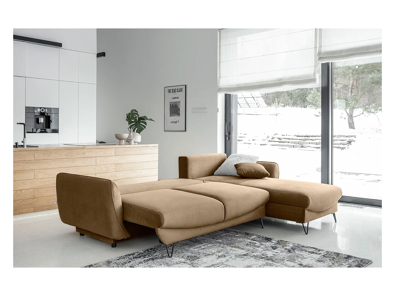 ZURIK omvormbare fluwelen hoekbank - Opbergbox en zwarte metalen poten-Kleur Beige-juiste hoek