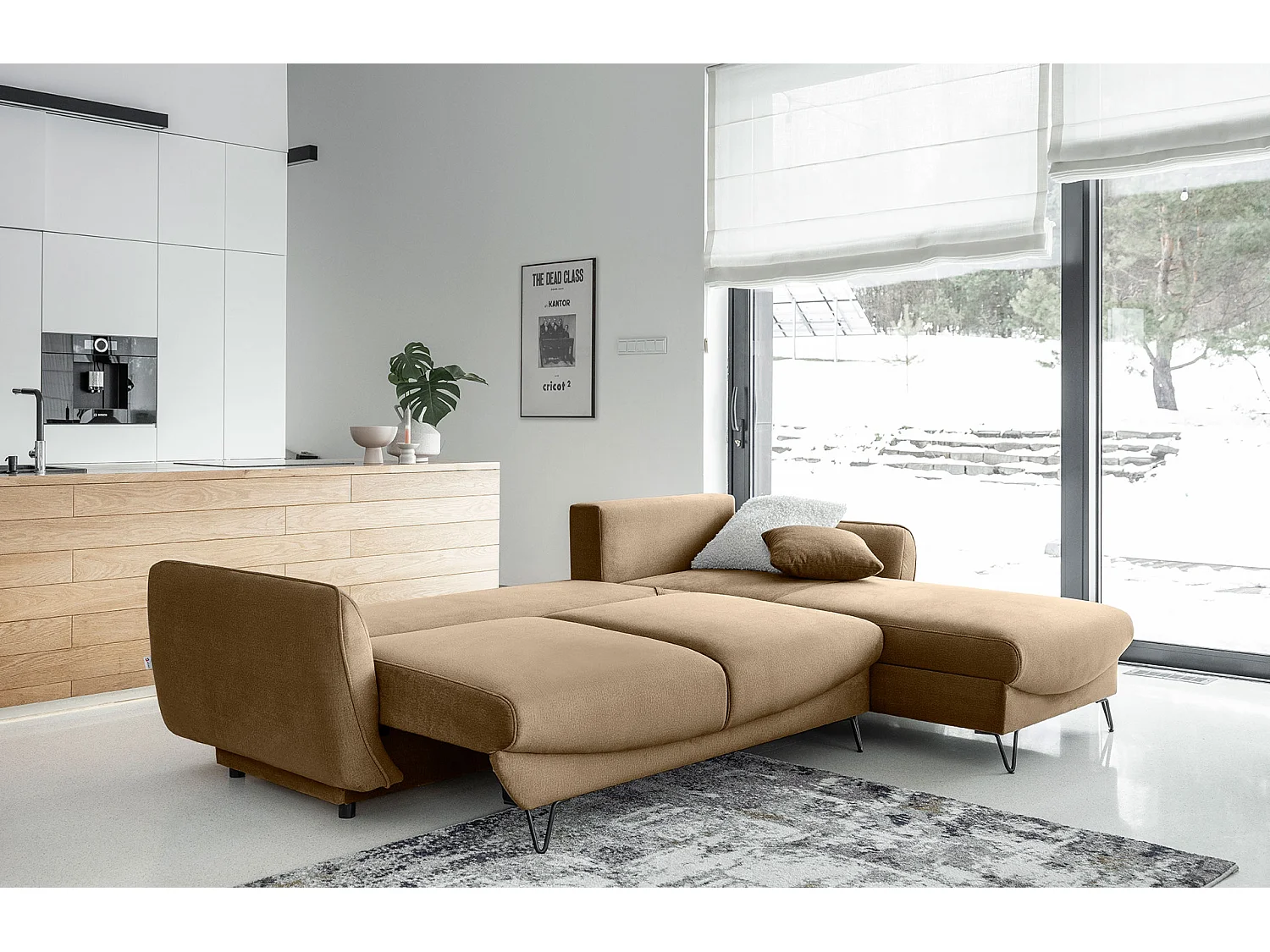 Canapé d'angle convertible velours ZURIK - Coffre de rangement et pieds métal noir-Beige-angle droit