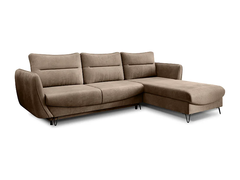 Canapé d'angle convertible velours ZURIK - Coffre de rangement et pieds métal noir-Beige-angle droit