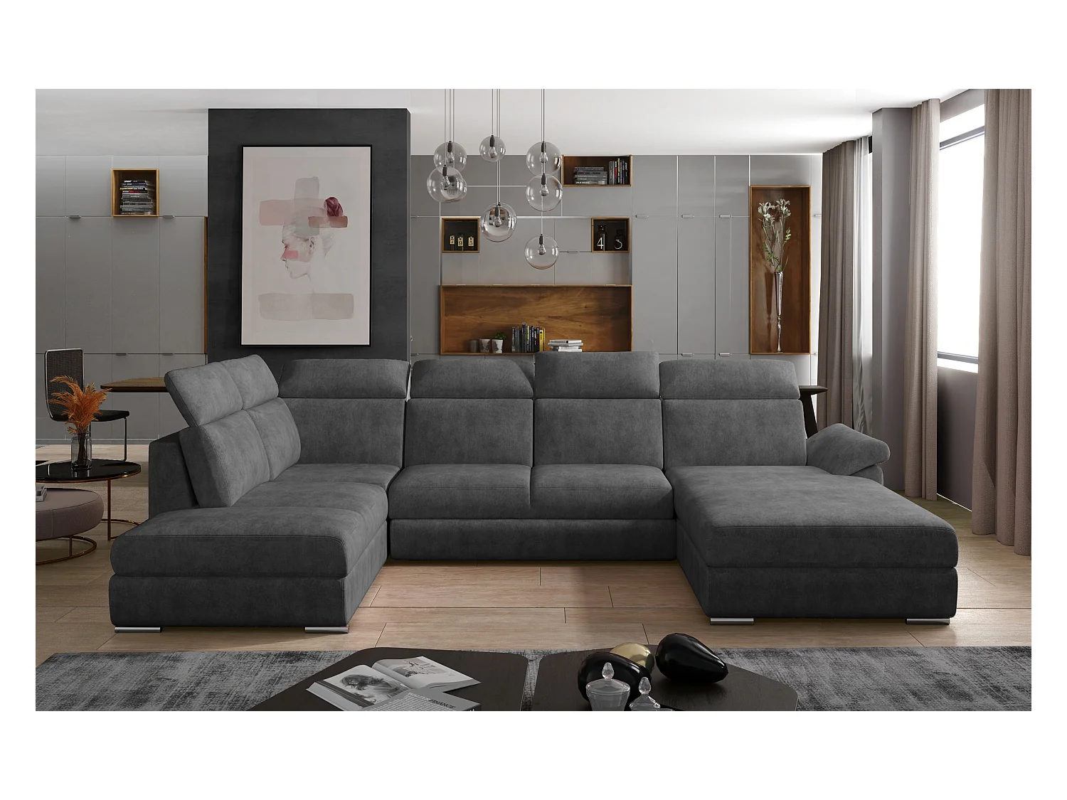 Canapé panoramique convertible LEVANO tissu - Rangement et appuie-têtes réglables-Gris foncé-Coffre à droite