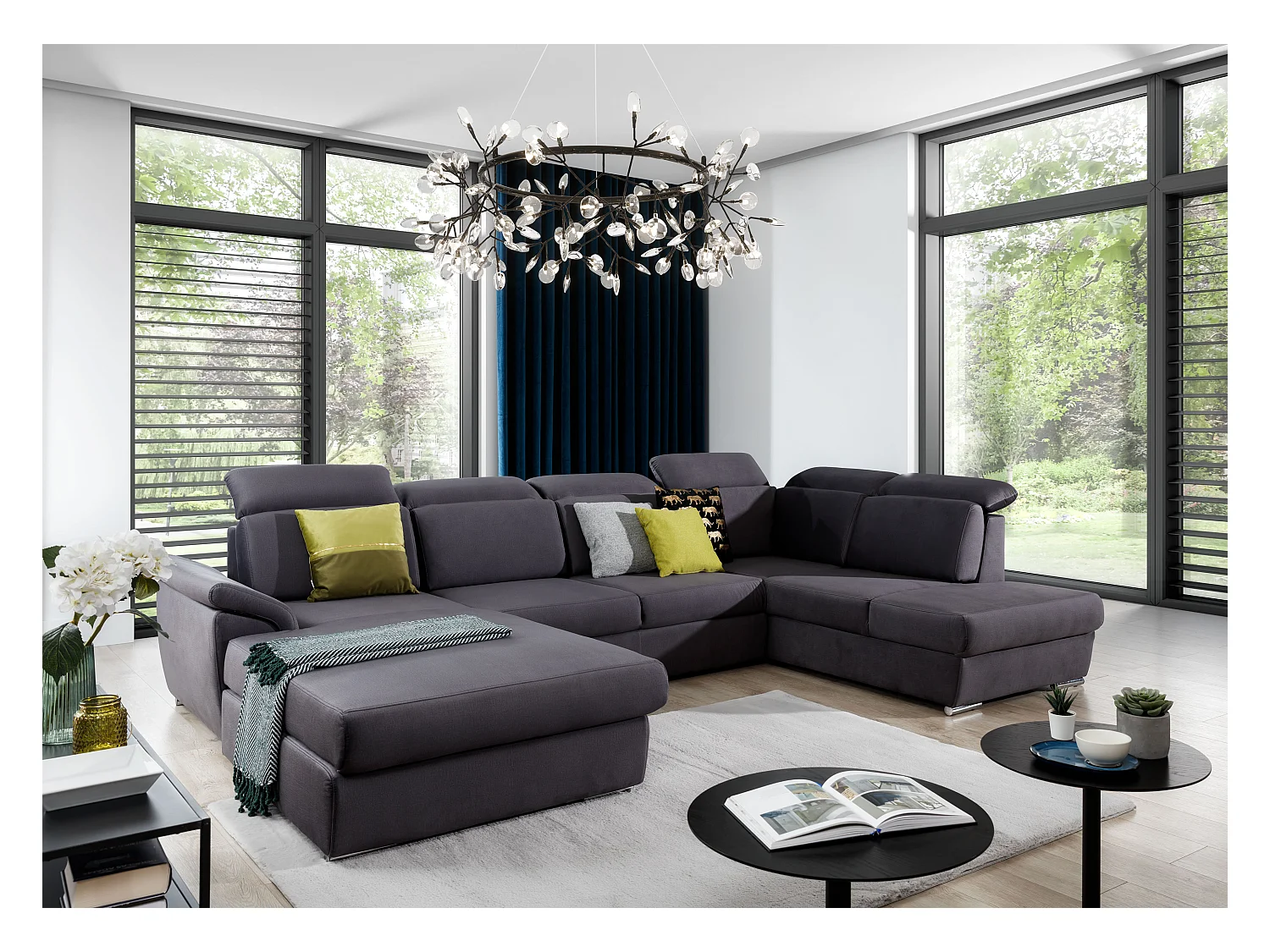 Canapé panoramique convertible LEVANO tissu - Rangement et appuie-têtes réglables-Gris foncé-Coffre à droite