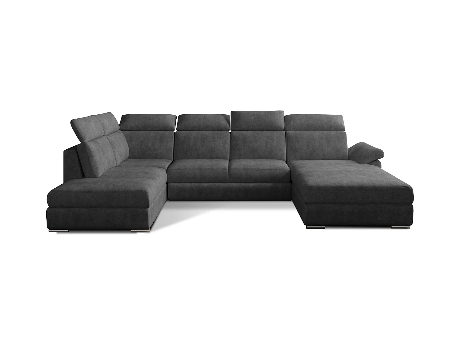 Canapé panoramique convertible LEVANO tissu - Rangement et appuie-têtes réglables-Gris foncé-Coffre à droite