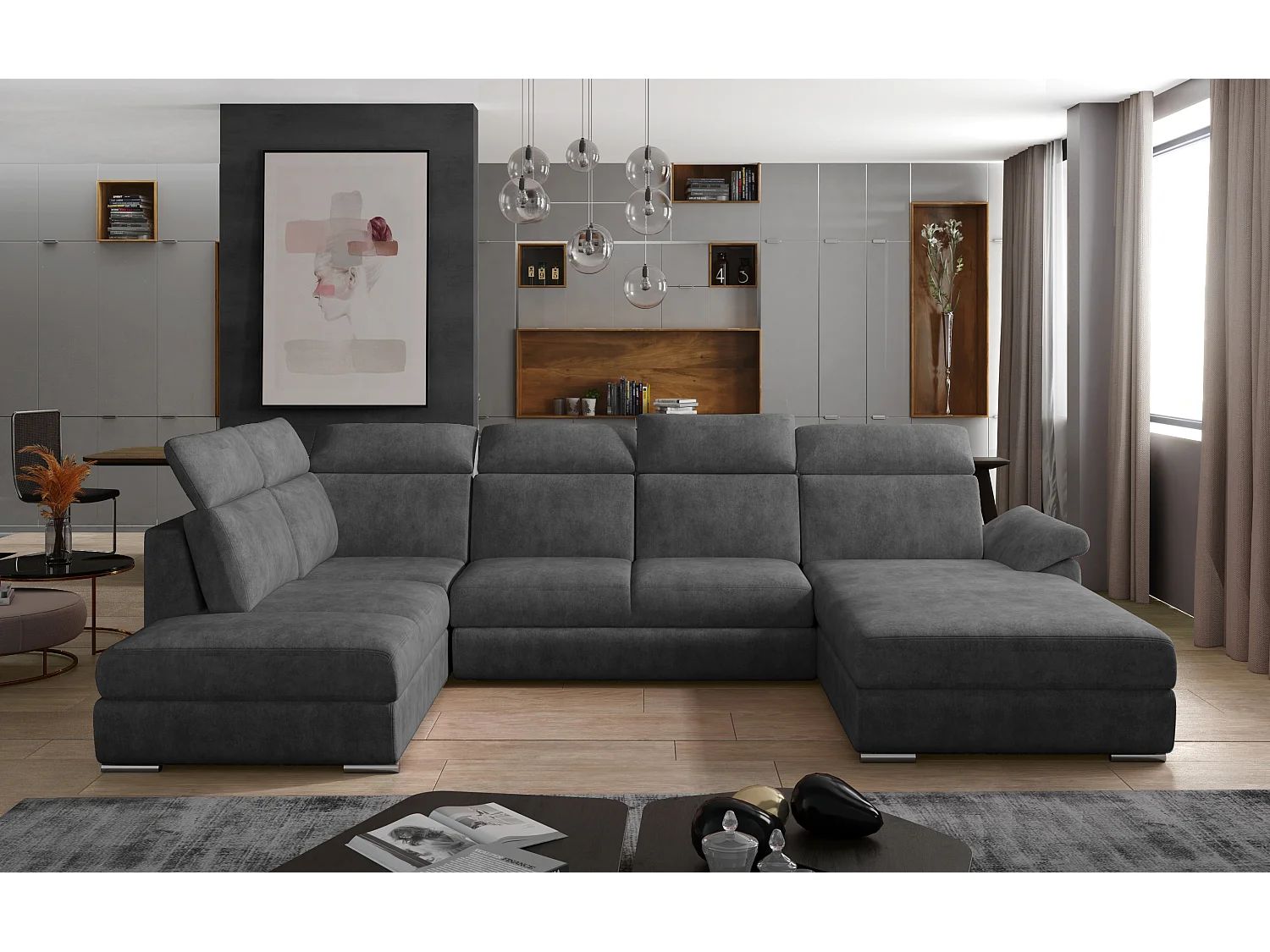 Canapé panoramique convertible LEVANO tissu - Rangement et appuie-têtes réglables-Gris foncé-Coffre à droite