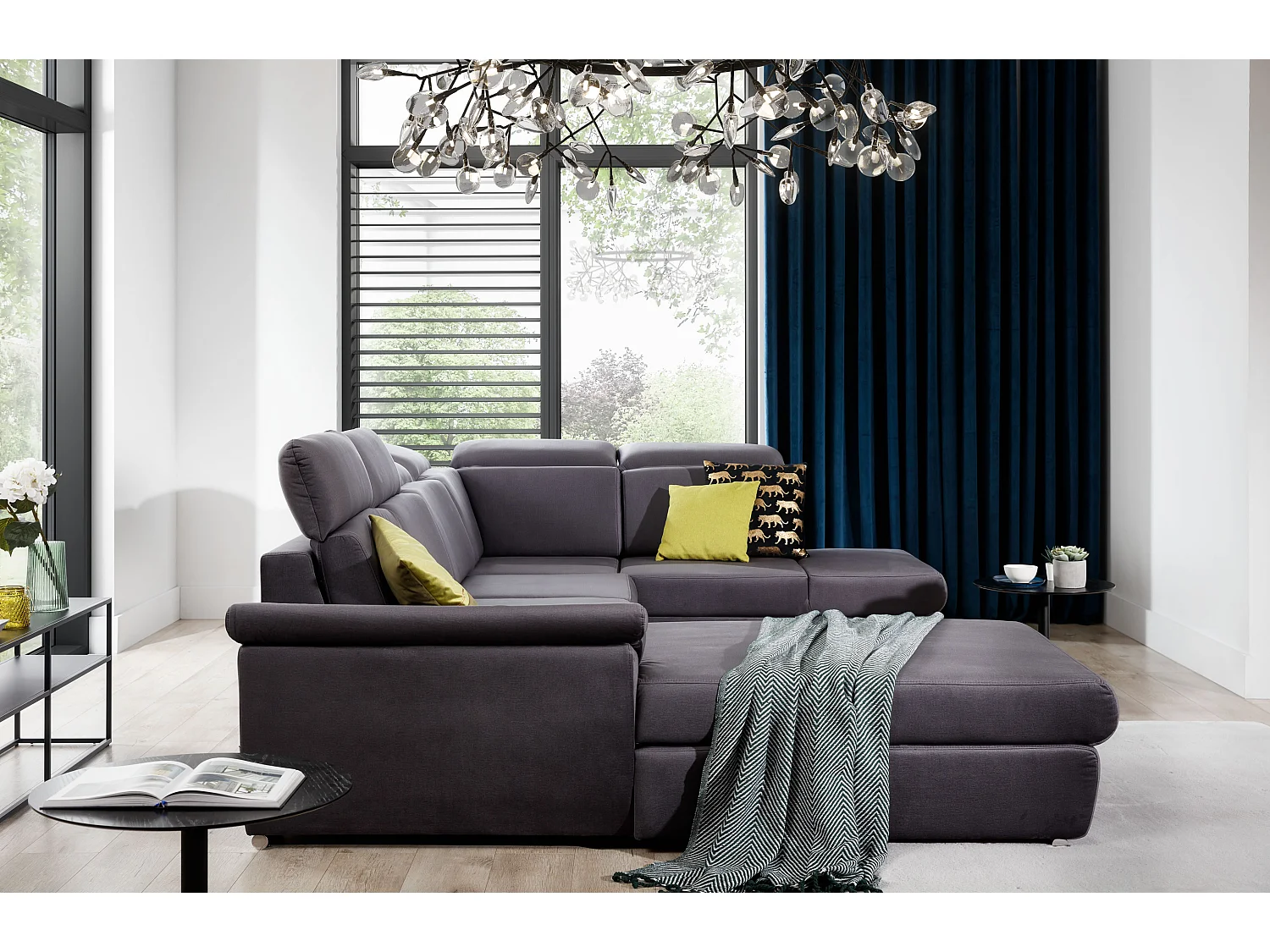 Canapé panoramique convertible LEVANO tissu - Rangement et appuie-têtes réglables-Gris foncé-Coffre à droite