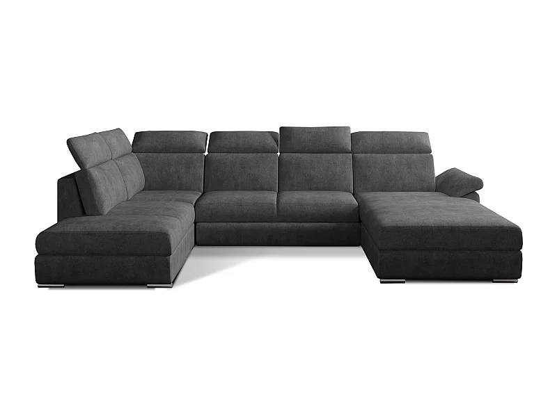 Canapé panoramique convertible LEVANO tissu - Rangement et appuie-têtes réglables-Gris foncé-Coffre à droite