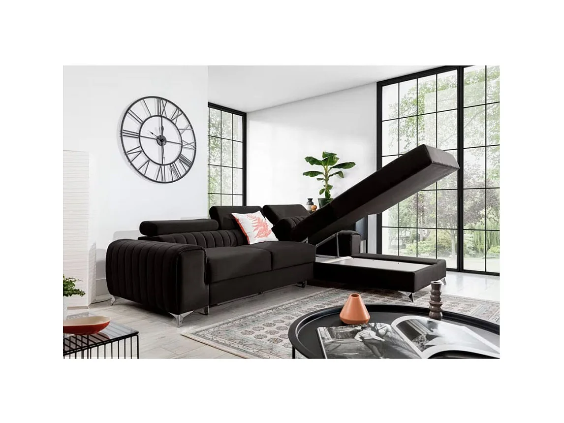 Canapé d'angle convertible velours têtière réglables GRENKY - Coffre, pieds acier chromé-Gris anthracite-angle droit