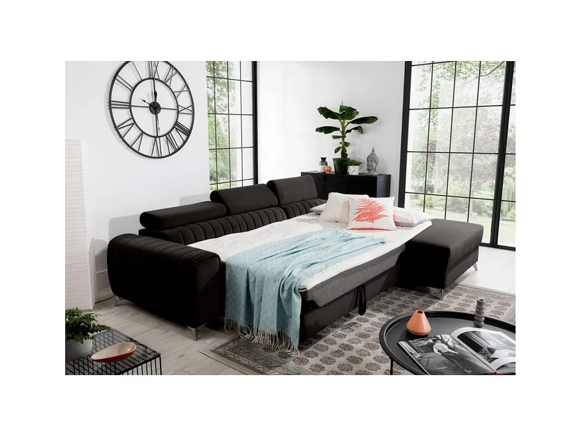 Canapé d'angle convertible velours têtière réglables GRENKY - Coffre, pieds acier chromé-Gris anthracite-angle droit