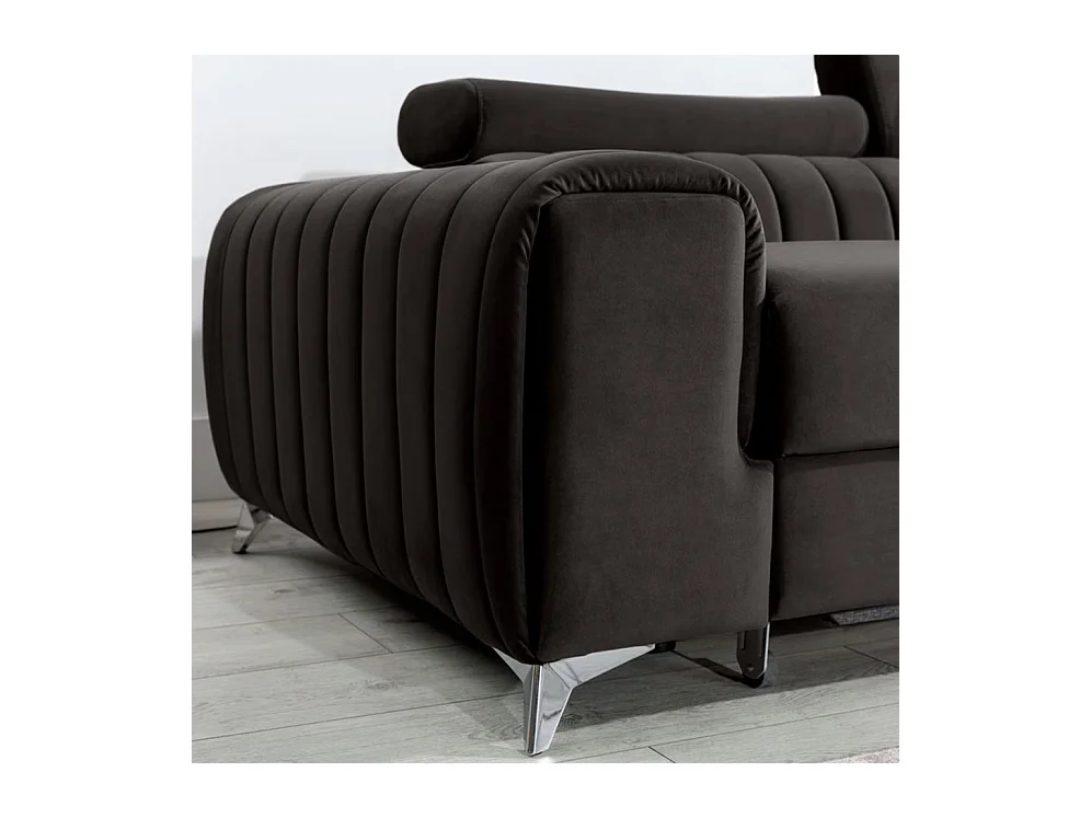 Canapé d'angle convertible velours têtière réglables GRENKY - Coffre, pieds acier chromé-Gris anthracite-angle droit