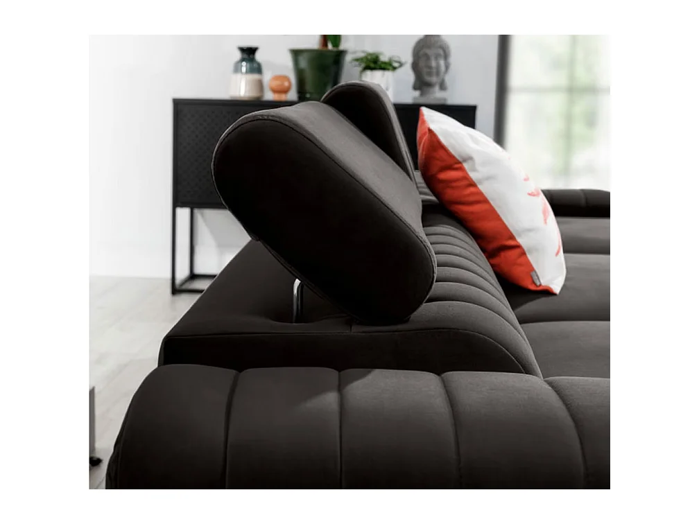 Canapé d'angle convertible velours têtière réglables GRENKY - Coffre, pieds acier chromé-Gris anthracite-angle droit