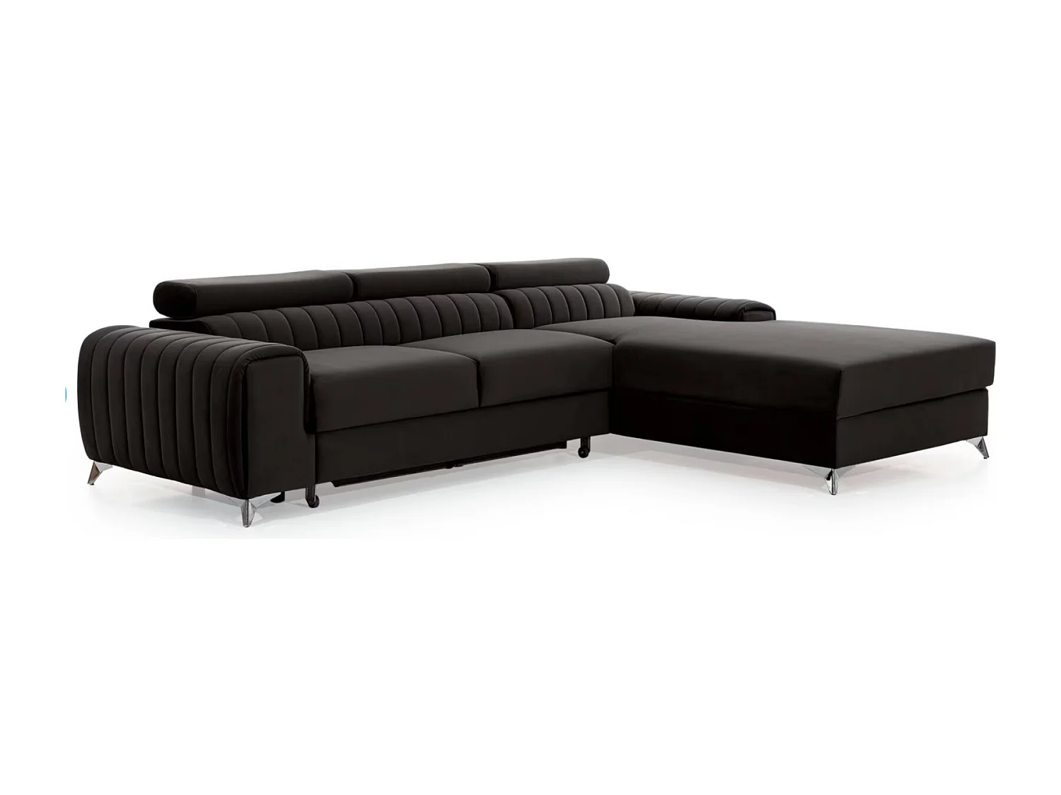 Canapé d'angle convertible velours têtière réglables GRENKY - Coffre, pieds acier chromé-Gris anthracite-angle droit