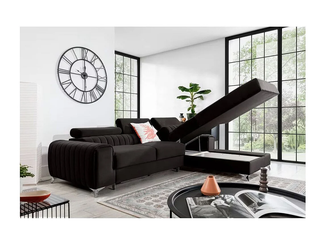 Canapé d'angle convertible velours têtière réglables GRENKY - Coffre, pieds acier chromé-Gris anthracite-angle droit