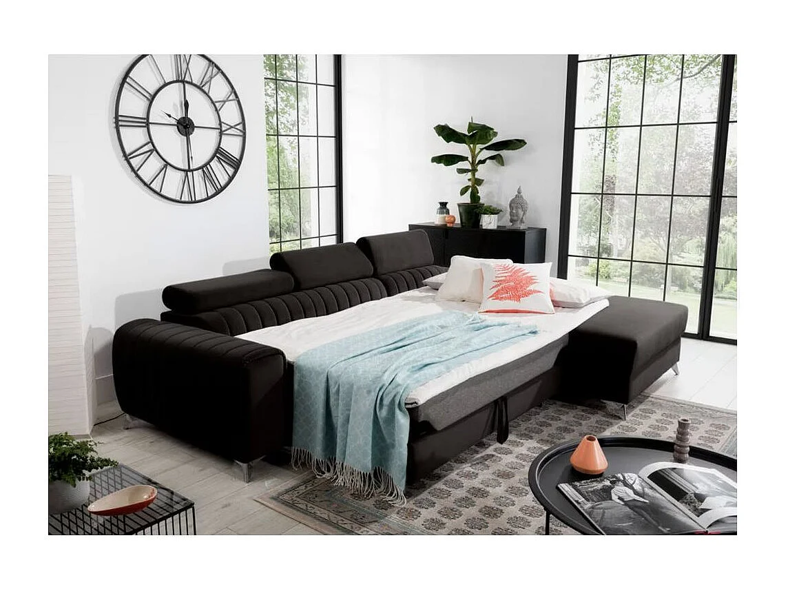 Canapé d'angle convertible velours têtière réglables GRENKY - Coffre, pieds acier chromé-Gris anthracite-angle droit